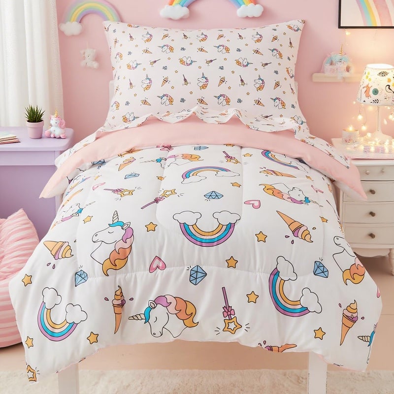 Mooreeke 4 Pieces Toddler Bedding Set - Soft Unicorn Rainbow Toddler Comforter Sets for Girls, Includes Quilted Comforter, Flat Sheet, Fitted Sheet and Pillowcase, Bed in A Bag for Baby Bedroom - Image 1